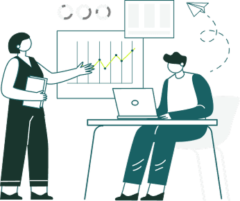 Business professionals collaborating with charts and data